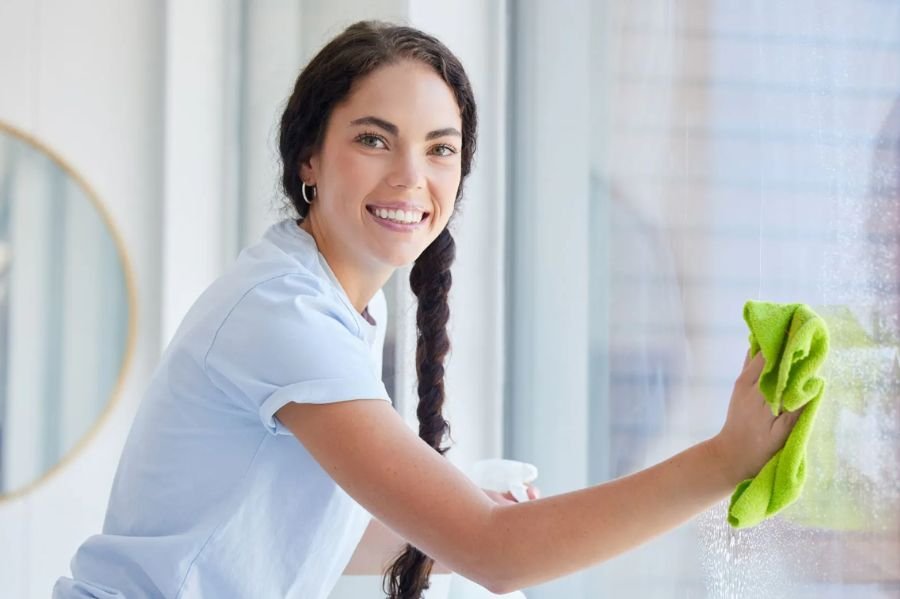 A woman using a rag to clean a window, showcasing the expertise of a window cleaning service.